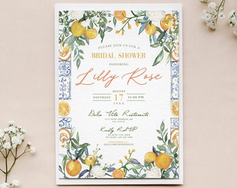 Italian Tiles & Oranges Themed DIGITAL Bridal Shower Invitation, Italian Blue Majolica Tile Flower, Watercolor Custom Invite, Baby Shower