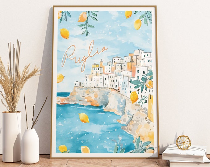 Arte de pared de cartel enrollado de Puglia Italia, Polignano a Mare Apulia Italia, cartel de viaje de Italia, impresión de arte de playa italiana, regalo de aniversario, arte de Apulia