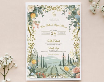 Vintage Florence Tuscany Wedding Invitation Design, Custom Wedding Invite, Italian Wedding Invitation, Tuscan Fairytale Winery Wedding