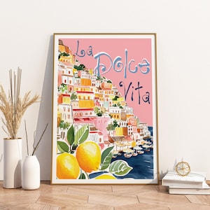 La Dolce Vita Amalfi Coast Italy Painted Printable DIGITAL Art, Retro Pink Painted Positano Italy Wall Art, Italy Watercolor Travel Poster