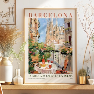 Barcelona Spain Painted Rolled Poster Print, Colorful Patio & Wine La Sagrada Familia Wall Art Print, Whimsical Spain Travel Poster Gift