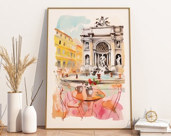 Rome Italy Trevi Fountain DIGITAL Printable Wall Art, Italian Cafe Wall Art, Roma Fontana di Trevi, Watercolor Painting, Italy Travel Gift
