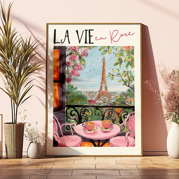 La Vie En Rose Printable DIGITAL Print, French Quote, Paris Eiffel Tower Painting, French Language, Coffee Lover Art Print, Gift for Her