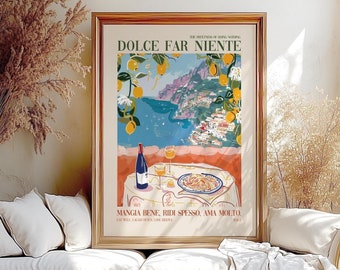 Retro Italian Food Lover Quote Rolled Poster Print, Italy Pasta & Wine Kitchen Wall Art Painting, Italian Amalfi Trendy Home Decor Gift