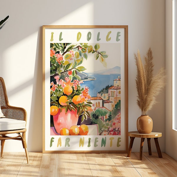 Dolce Far Niente Sicily Italy Printable DIGITAL Art, Colorful Art Painting, Taormina Art Print, Italian Travel Wall Art Gift,Trendy Painting