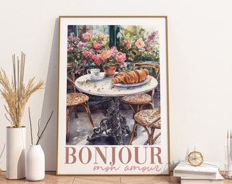 Cartel de Bonjour Mon Amour Croissant, bistró francés, dicho en francés, arte de la acuarela de París, arte del café francés, arte de la cocina de París