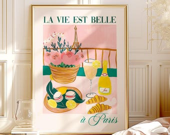 Paris Cafe Eiffel Tower Print: La Vie est Belle, French Wall Decor (Digital Download)