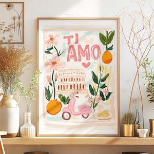 Arte mural imprimible digital "Ti Amo", Roma, Italia. Coliseo italiano, Roma, rosa. Arte para amantes de la pasta. Regalo de San Valentín para viajar a Italia.