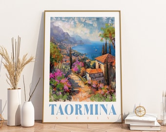 Taormina Sicily Print: Italy Travel Poster, Sicilia Landscape Art
