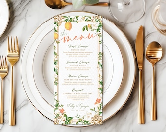 Italian Style Printable Dinner Menu, Italy Themed Menu, Lemons and Bougainvillea Flowers Menu, Engagement & Wedding Party Menu, Amalfi Menu