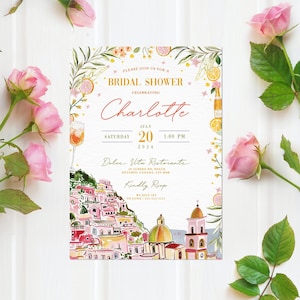 Italian Themed DIGITAL Bridal Shower Invitation, Italian Spritz and Oranges Flower Border Invite, Watercolor Invite, Positano Baby Shower