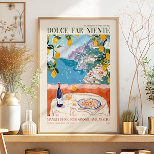 Cita de amante de la comida italiana retro, arte DIGITAL imprimible, pintura de arte de pared de cocina de pasta y vino de Italia, regalo de decoración del hogar de la costa italiana de Amalfi