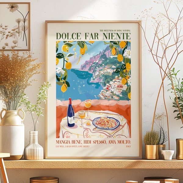 Retro Italian Food Lover Quote Printable DIGITAL Art, Italy Pasta & Wine Kitchen Wall Art Painting, Italian Amalfi Coast Home Decor Gift