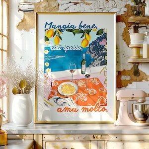 Retro Italian Food Lover Quote Rolled Poster Print, Italy Pasta & Wine Kitchen Wall Art Painting, Italian Amalfi Trendy Home Decor Gift