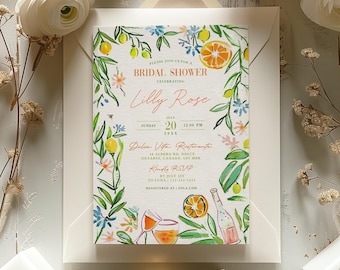 May include: A floral bridal shower invitation with a watercolor design featuring lemons, oranges, flowers, and glasses of wine. The invitation is for Lilly Rose and is set for Sunday, July 20th at 12:00 PM at Dolce Vita Ristorante. RSVP by July 1st.
