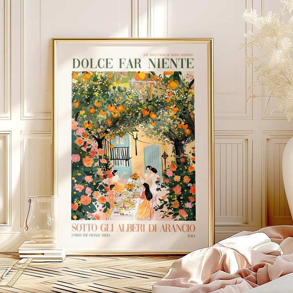 Impression d'art numérique peinte colorée Dolce Far Niente, Italie dîner, oranges, peinture d'art mural, décoration d'intérieur italienne tendance, cadeau d'art mural