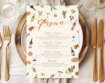 Funky Italian Style Printable Dinner Menu, Italy Themed Menu, Drawn Spritz and Pizza Food Menu, Engagement & Wedding Party, Birthday, Trendy