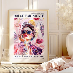 Dolce Far Niente カラフルロールポスタープリント、レトロピンク水彩画女性イタリアウォールアート、トレンディなファッション愛好家ホームデコレーションウォールアートギフト