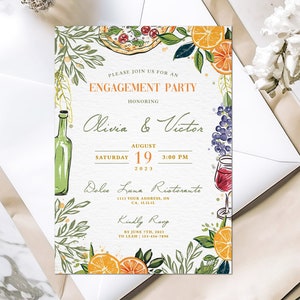 Italian Style Engagement Party Invite, Italy Themed Invite, Hand Drawn Wine and Pizza Invite, Italian Wedding Invitation, Birthday Party