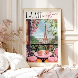 Affiche roulée La Vie en rose, citation française, peinture à l'aquarelle de la tour Eiffel de Paris, langue française, impression d'art amateur de café, cadeau pour elle