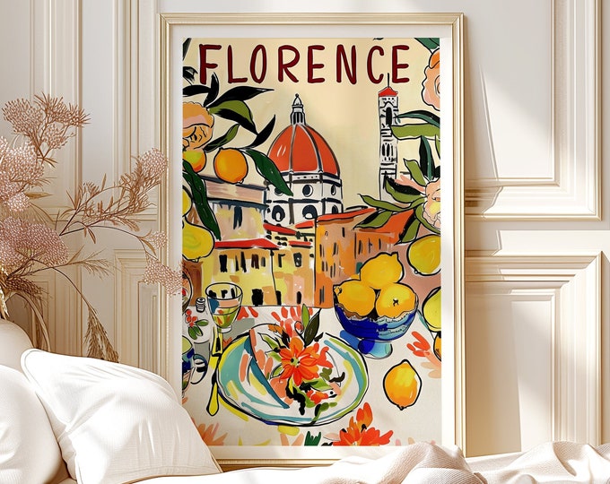 Artsy Florence Duomo, Cartel enrollado de Italia, Colorido cartel de viaje de Italia pintado, Idioma italiano, Arte de pared, Regalo de aniversario, Arte de la Toscana