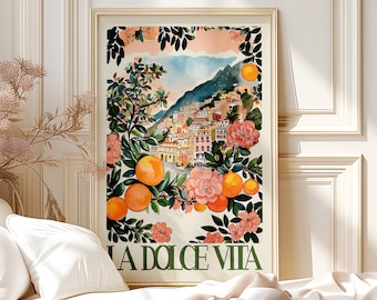 La Dolce Vita Italy Painted Rolled Poster Retro Colorful Oranges, Amalfi Coast Wall Art Print, Whimsical Watercolor Travel Poster Gift