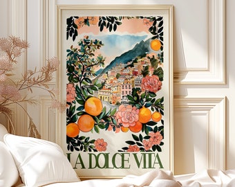 La Dolce Vita Italy Painted Rolled Poster Retro Colorful Oranges, Amalfi Coast Wall Art Print, Whimsical Watercolor Travel Poster Gift