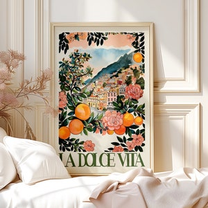 La Dolce Vita Italy Painted Rolled Poster Retro Colorful Oranges, Amalfi Coast Wall Art Print, Whimsical Watercolor Travel Poster Gift