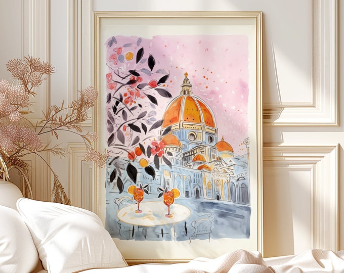 Florence Italy Duomo Rolled Poster Art, Whimsical Watercolor Italy Travel Poster, Wall Art, Anniversary Gift for Her, Cafe Spritz Art Print