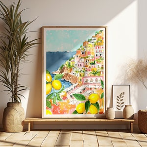 Positano Italy Lemons Printable DIGITAL Art, Amalfi Coast Watercolor Painting, Italy Travel Poster, Italian Language, Italy Pink Art Gift