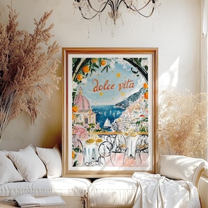 La Dolce Vita Italy Painted Rolled Poster Retro Colorful Oranges, Amalfi Coast Wall Art Print, Whimsical Watercolor Travel Poster Gift
