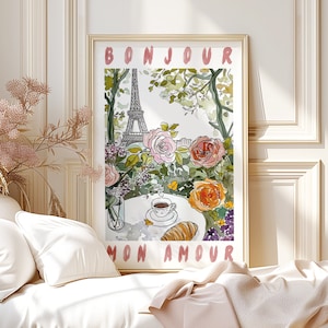 Bonjour Mon Amour Paris France Rolled Poster Print, French Quote, Eiffel Tower French Flowers, Coffee & Croissant Art Print, Gift for Her