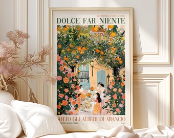 Dolce Far Niente Painted Poster Print, Italian Dinner Under Orange Trees, Colorful Flowers Amalfi Coast Wall Art, Trendy Kitchen Decor Gift