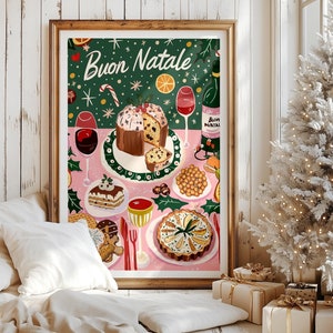 Póster retro con pintura de mesa de postres navideños italianos Buon Natale, panettone, tiramisú, arte Struffoli, regalo navideño con temática de comida italiana