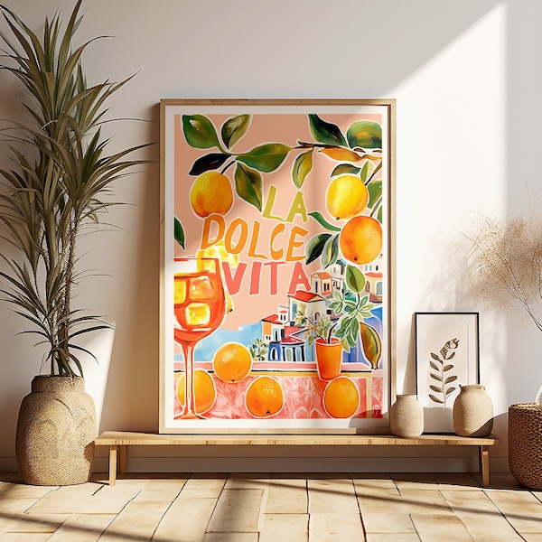La Dolce Vita Italie peint art numérique imprimable, impression d'art mural oranges italiennes colorées rétro, cadeau affiche de voyage aquarelle fantaisiste