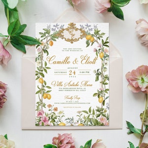 Italian Amalfi Coast Wedding Crest Invitation Design, Custom Italy Wedding Invite, Lemon & Flowers Wedding Invitation, Positano Wedding