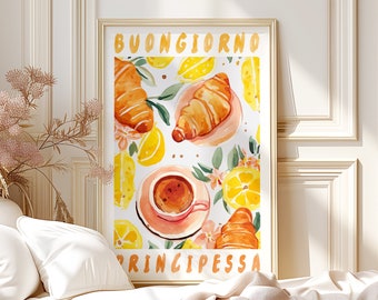 Buongiorno Principessa Rolled Poster Art Italy Coffee, Lemons, Croissant Kitchen Wall Art Painting, Italian Coffee Lover Home Decor Gift