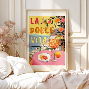 Póster enrollable de La Dolce Vita, Costa Amalfitana, Italia, pintura retro colorida, cita italiana, arte mural de viaje a Positano, Italia, regalo de cóctel