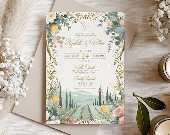 May include: Wedding invitation featuring floral and landscape illustrations. The invitation includes the names "Elizabeth & Vittore", date, time, and location details. The design incorporates pastel colors and botanical elements.