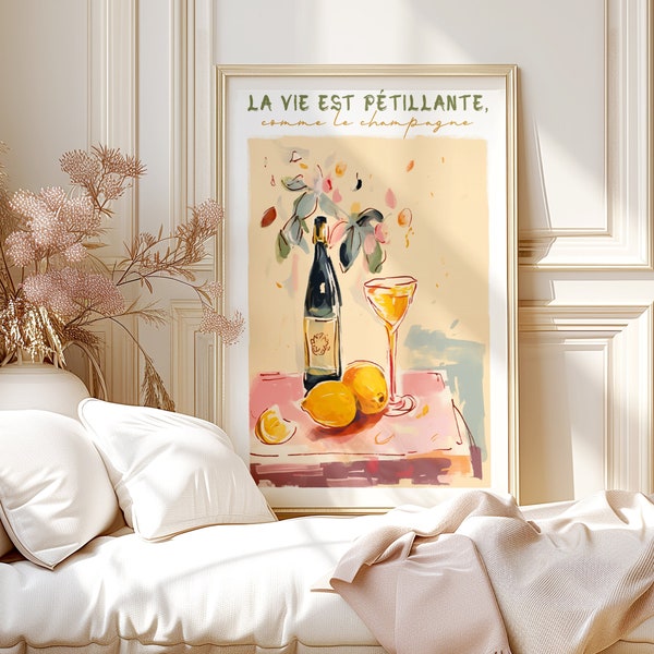 Champagne Lover French Saying Wall Art Print, Rolled Poster Print, Hand Drawn Colorful Bar Art, Life is Sparkling Decor Gift, Paris Love