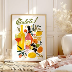 Italian Salute Cheers Print, Italy Wine & Spirits Rolled Poster Wall Art, Retro Hand Drawn Colorful Bar Cocktail, Italian Spritz Decor Gift