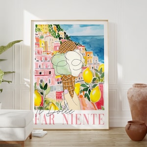 Dolce Far Niente Gelato Ice Cream DIGITAL Printable Art,Italy Amalfi Coast Pink Kitchen Wall Art Print, Home Decor Gift Watercolor, Positano