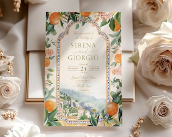 May include: A wedding invitation with a floral design featuring oranges, lemons, and flowers. The invitation is for Serena and Giorgio and is set for August 24th at 5:00 PM at the Grand Hotel Timeo. The invitation has a watercolour background with a view of a town in Italy.