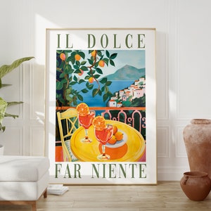 Dolce Far Niente DIGITAL Printable Art, Colorful Italy Painting, Cocktails on Terrace, Retro Italian Positano Wall Art, Amalfi Coast Gift