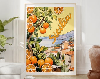 Sicily Italy Rolled Poster, Colorful Sicilia Art Painting, Retro Italian Oranges Art Print, Taormina Italy Travel Art, Home Decor Gift