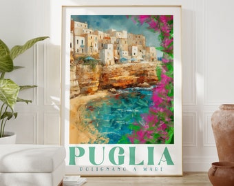 Op de afbeelding: Een vintage reisposter met een kleurrijk schilderij van een kustplaats in Italië. De poster heeft de tekst "PUGLIA" in een turquoise groene lettertype en "POLIGNANO A MARE" in een kleiner lettertype eronder. Het schilderij toont een stad gebouwd op een klif met uitzicht op een turquoise blauwe zee.