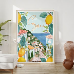 Arte DIGITAL para impressão de limões Capri Itália, pôster de viagens da Costa Amalfitana Itália, Sorrento Itália, decoração de parede em aquarela de Capri, decoração de casa, presente de arte