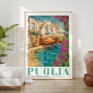 Puglia Italy Travel Poster, Apulia Italy, Polignano a Mare Puglia, Italy Wall Art, Painted Digital Artwork, Italy Travel Poster,Apulia Beach