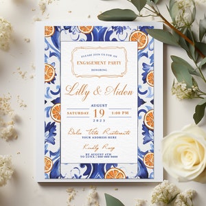 Italian Blue & White Majolica Tile Engagement Party Invite, Trendy Oranges Italian Theme Invite, Retro Hand Drawn Invite, Bridal Shower image 1