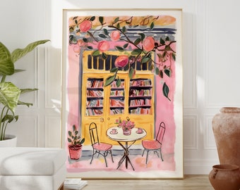 Pink Cafe Bookshop DIGITAL Printable Bookworm Wall Art, Bookshop Print, Book Art, Bookworm Art, Booknerd, Whimsical Bookstore Wall Art Gift